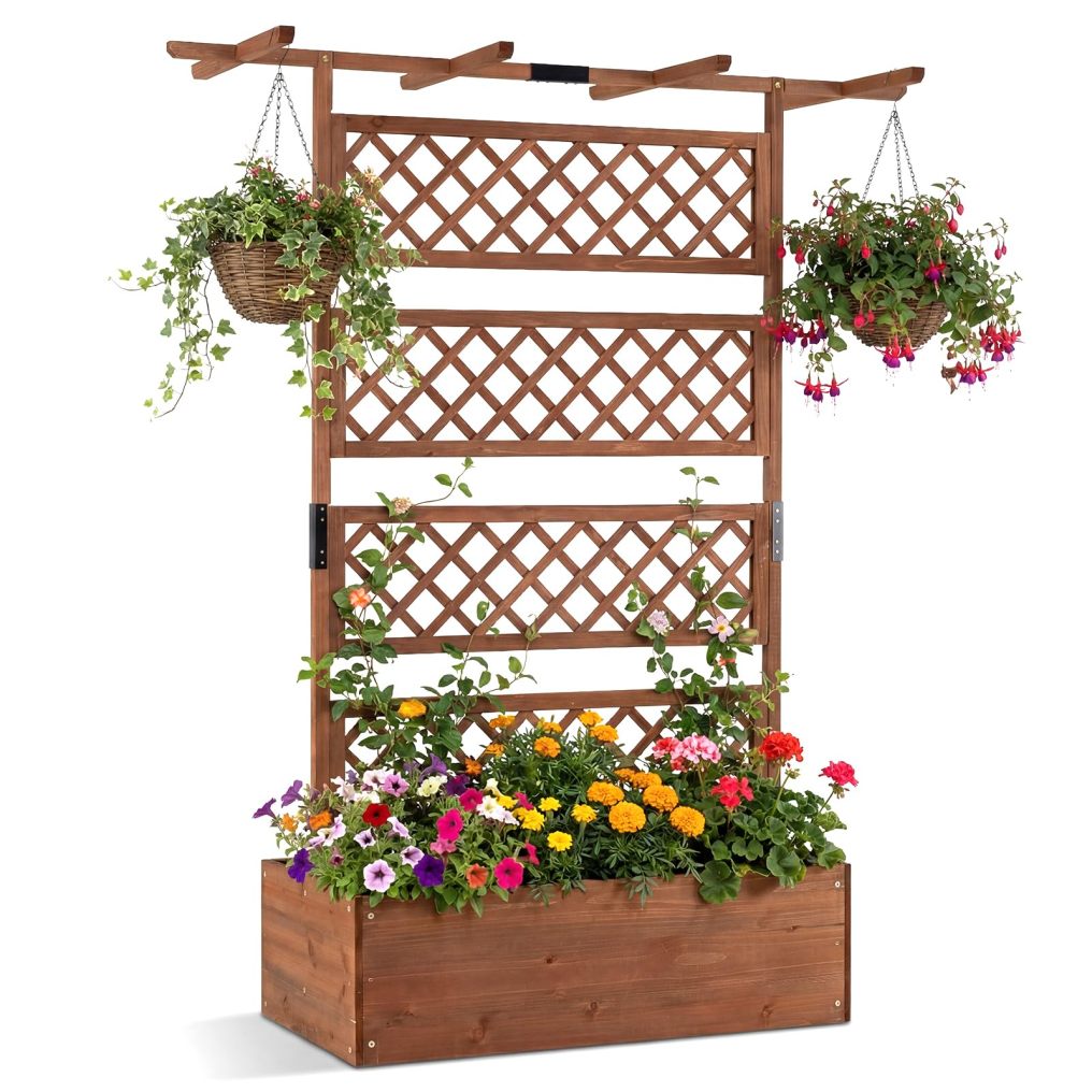 72" Wooden Raised Garden Planter with Trellis and Roof