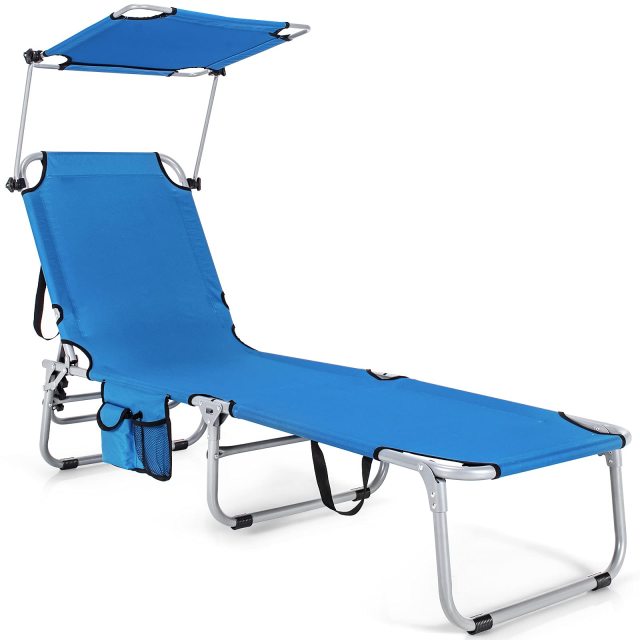 Beach Foldable Chaise Lounge with Canopy Adjustable Backrest & Side Pocket