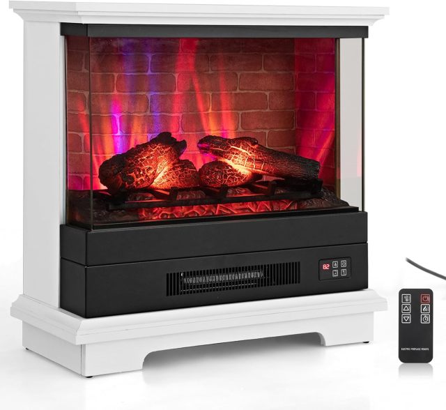 Electric Fireplace with 3-Sided Glass 27-inch Wide, 1400W Freestanding Fireplace Heater with Remote Control