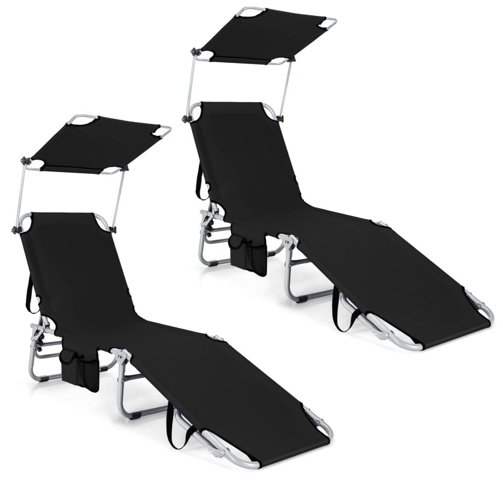 Beach Foldable Chaise Lounge with Canopy Adjustable Backrest & Side Pocket