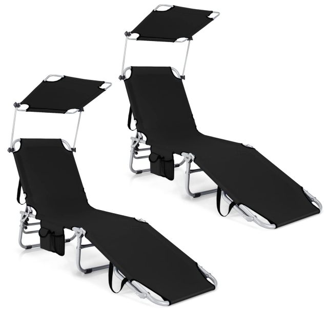 Beach Foldable Chaise Lounge with Canopy Adjustable Backrest & Side Pocket
