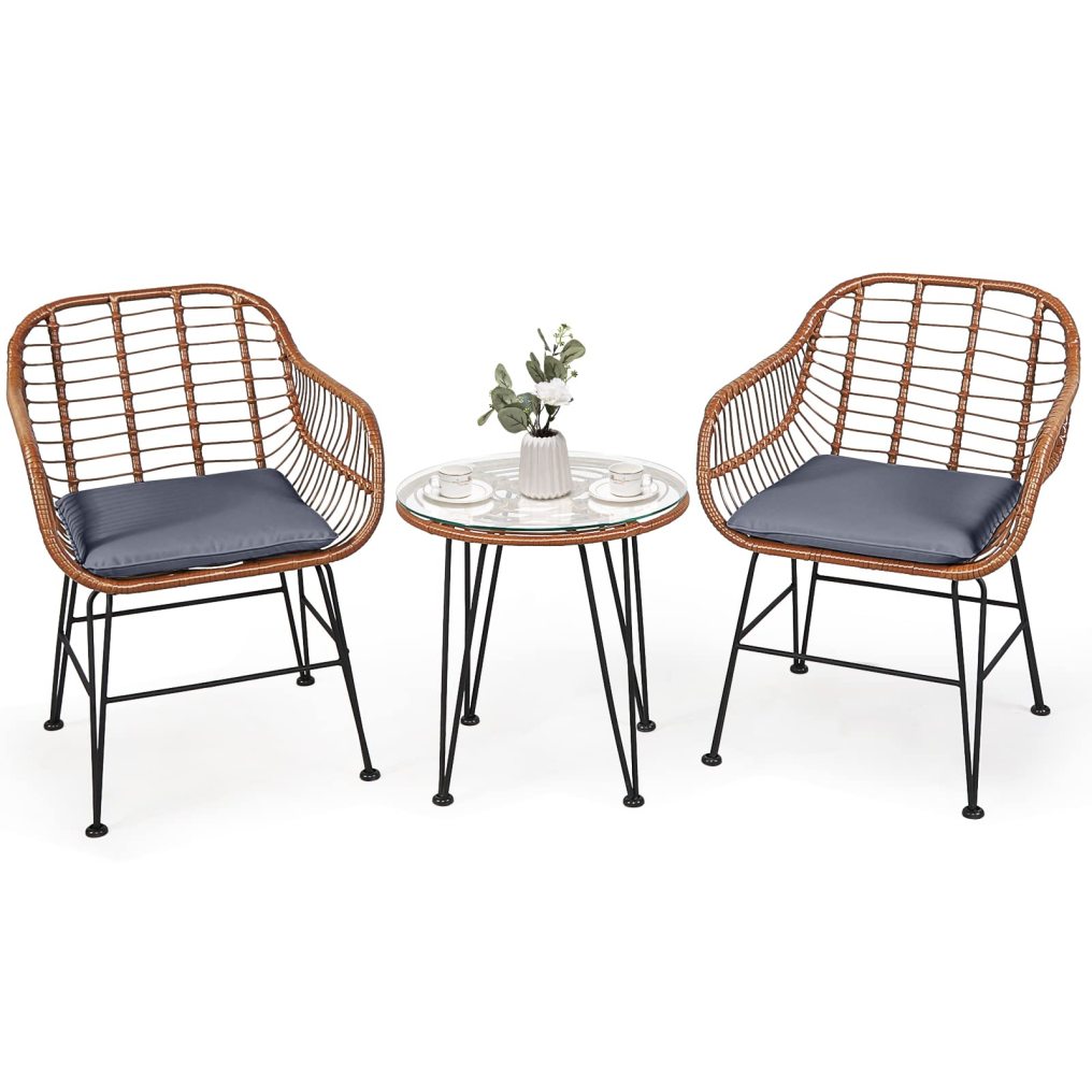 3 Pieces Patio Bistro Set Outdoor Rattan Conversation Seating Chair Set with Coffee Table & Soft Cushions