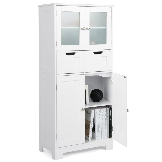 Bathroom Storage Cabinet with Glass Doors 2 Drawers and 2 Adjustable Shelves