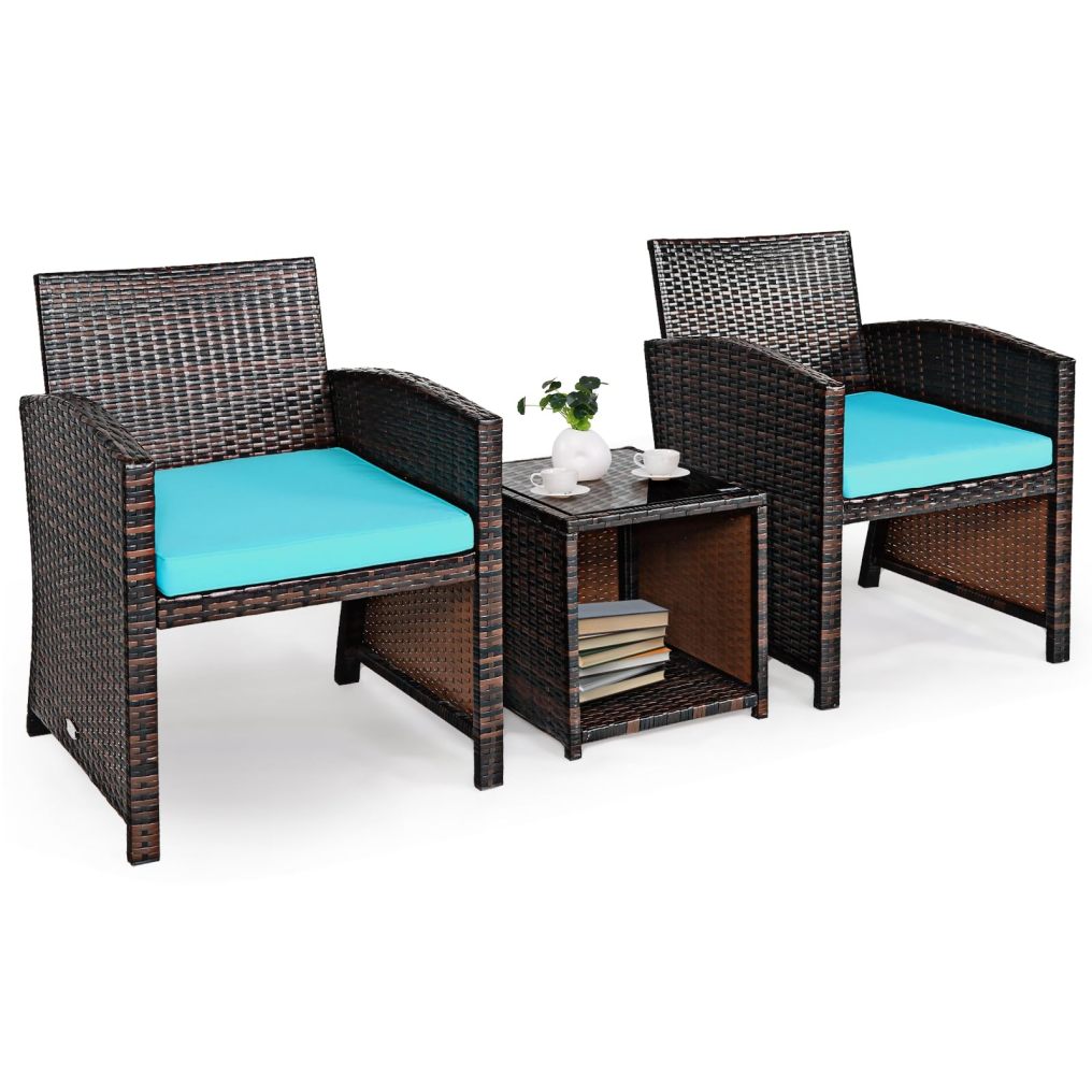 3 Pieces Patio Furniture Sets with Tempered Glass Tabletop and Soft Cushion for Backyard