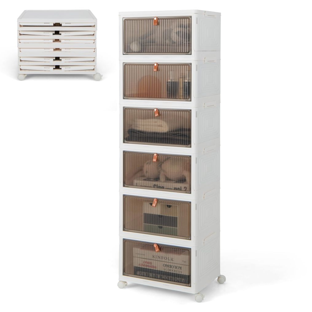 Storage Bins with Lid 6 Tier Stackable Plastic Storage Bins with 4 Wheels