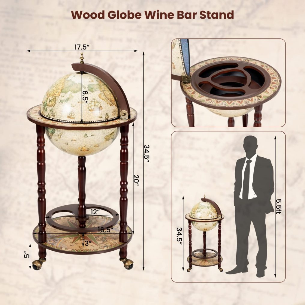 Italian Replica Bar Cart with Wheels and Liquor Bottle Shelf