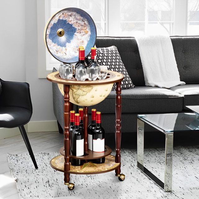 Italian Replica Bar Cart with Wheels and Liquor Bottle Shelf