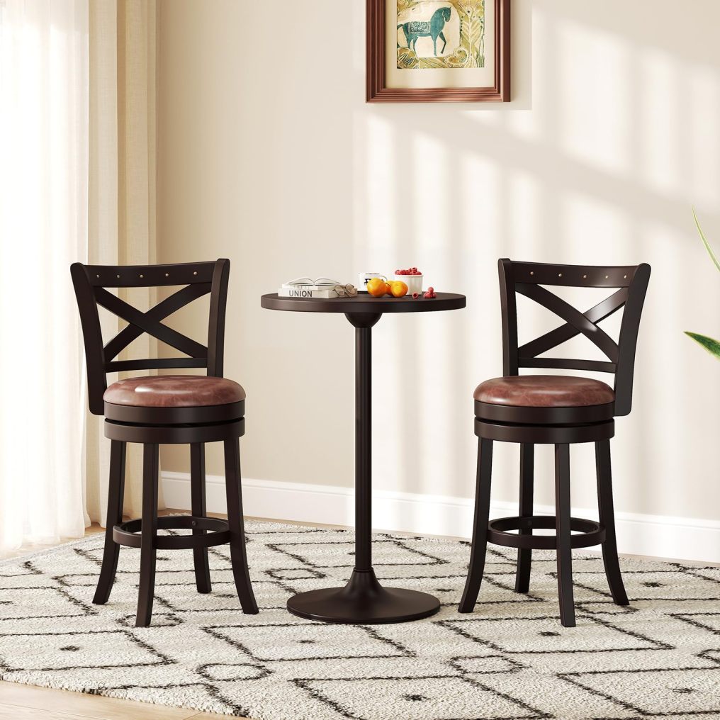 26" Swivel Counter Height Bar Chairs with Copper Nails Upholstered Seat Solid Rubber Wood Frame