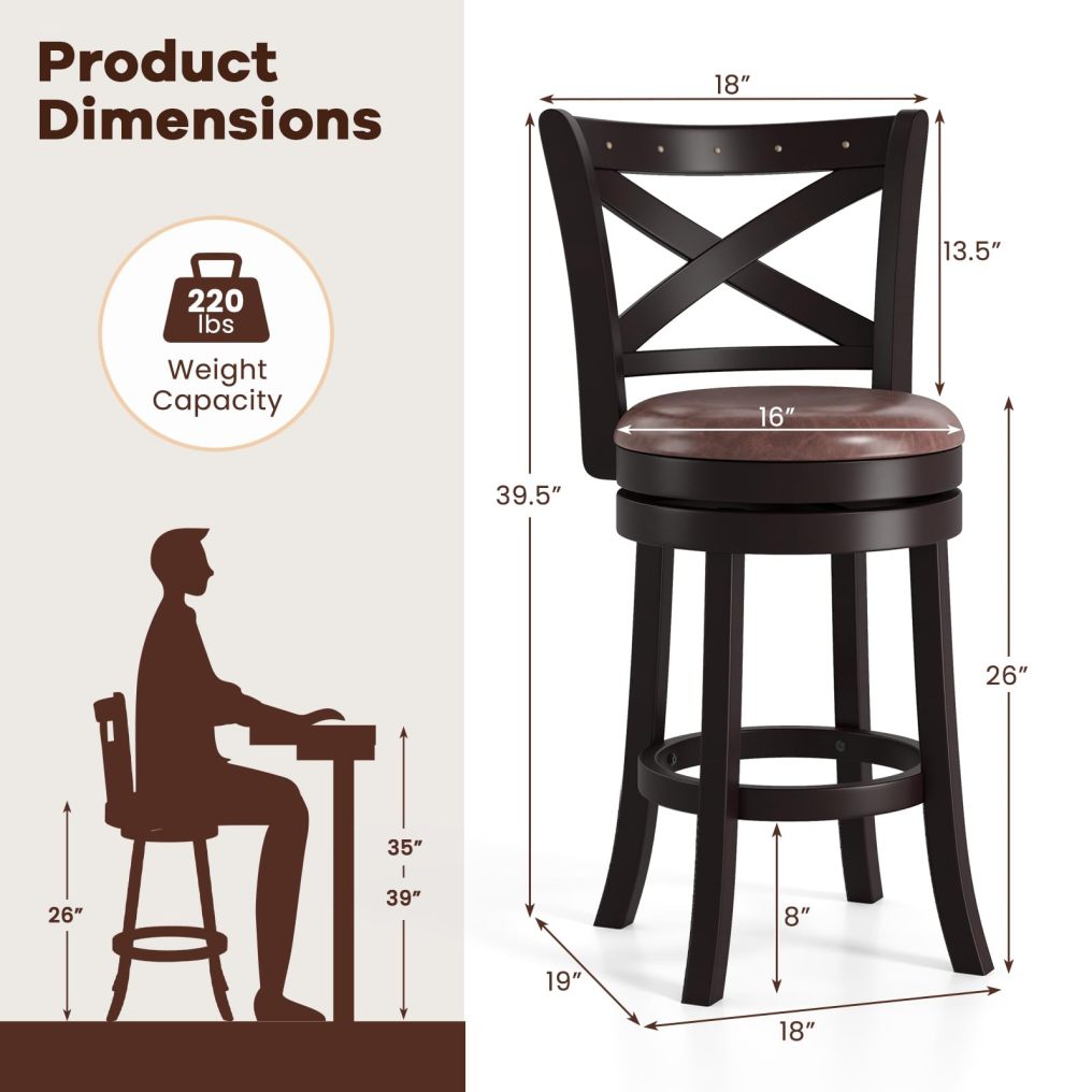 26" Swivel Counter Height Bar Chairs with Copper Nails Upholstered Seat Solid Rubber Wood Frame