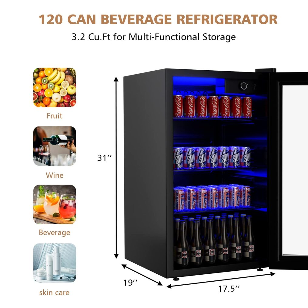 ARLIME Mini Fridge, Drink Cooler, 120 Can, Beverage Refrigerator with Glass Door