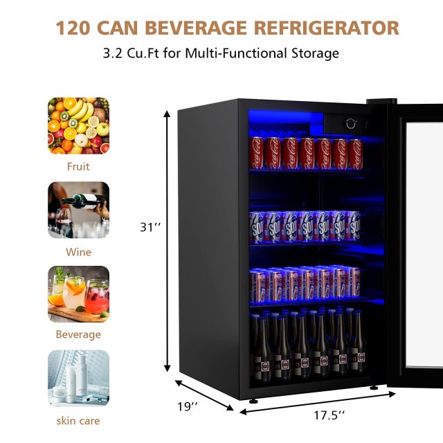 ARLIME Mini Fridge, Drink Cooler, 120 Can, Beverage Refrigerator with Glass Door