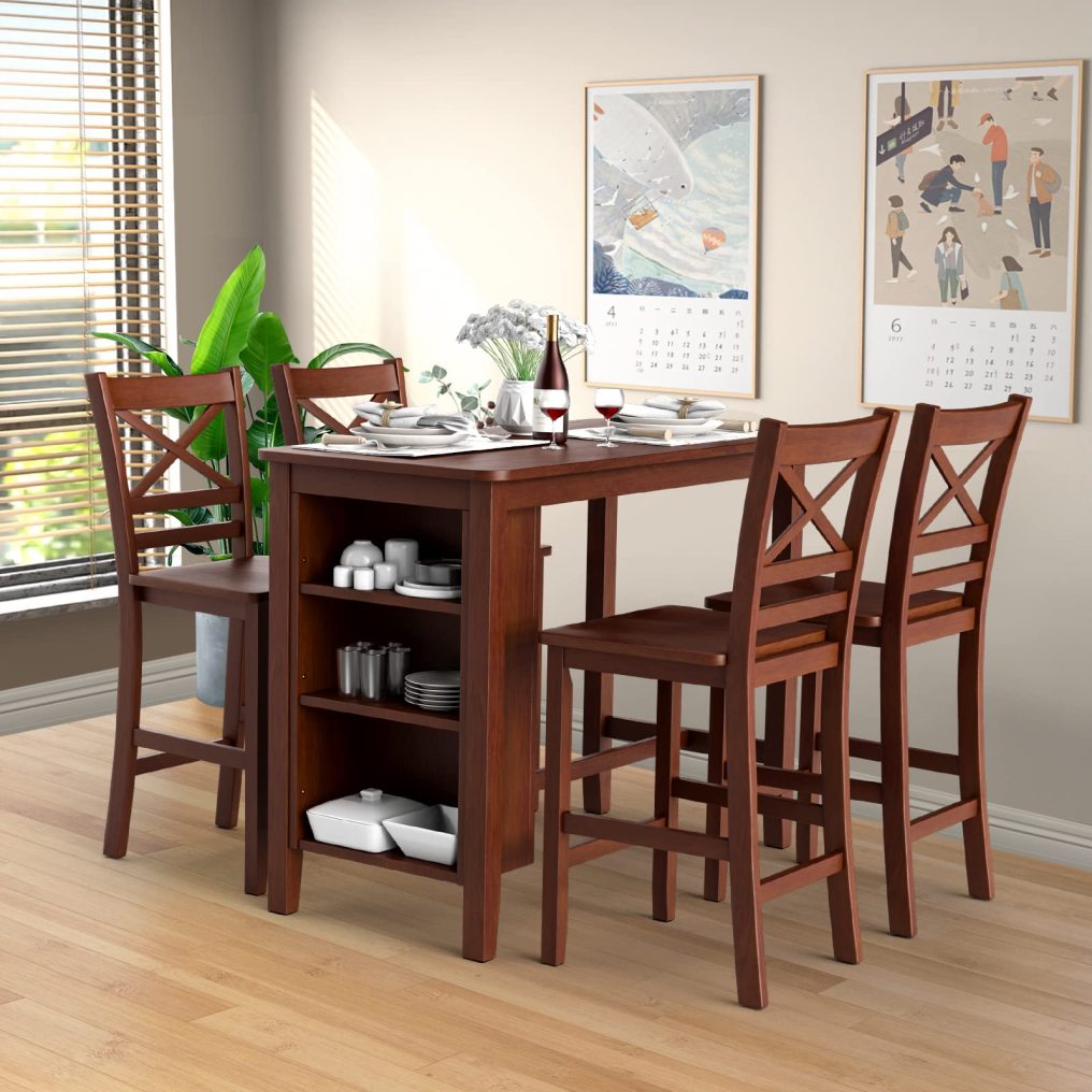 Antique Kitchen Counter Height Chairs with Wooden X-Shaped Backrest & Rubber Wood Legs
