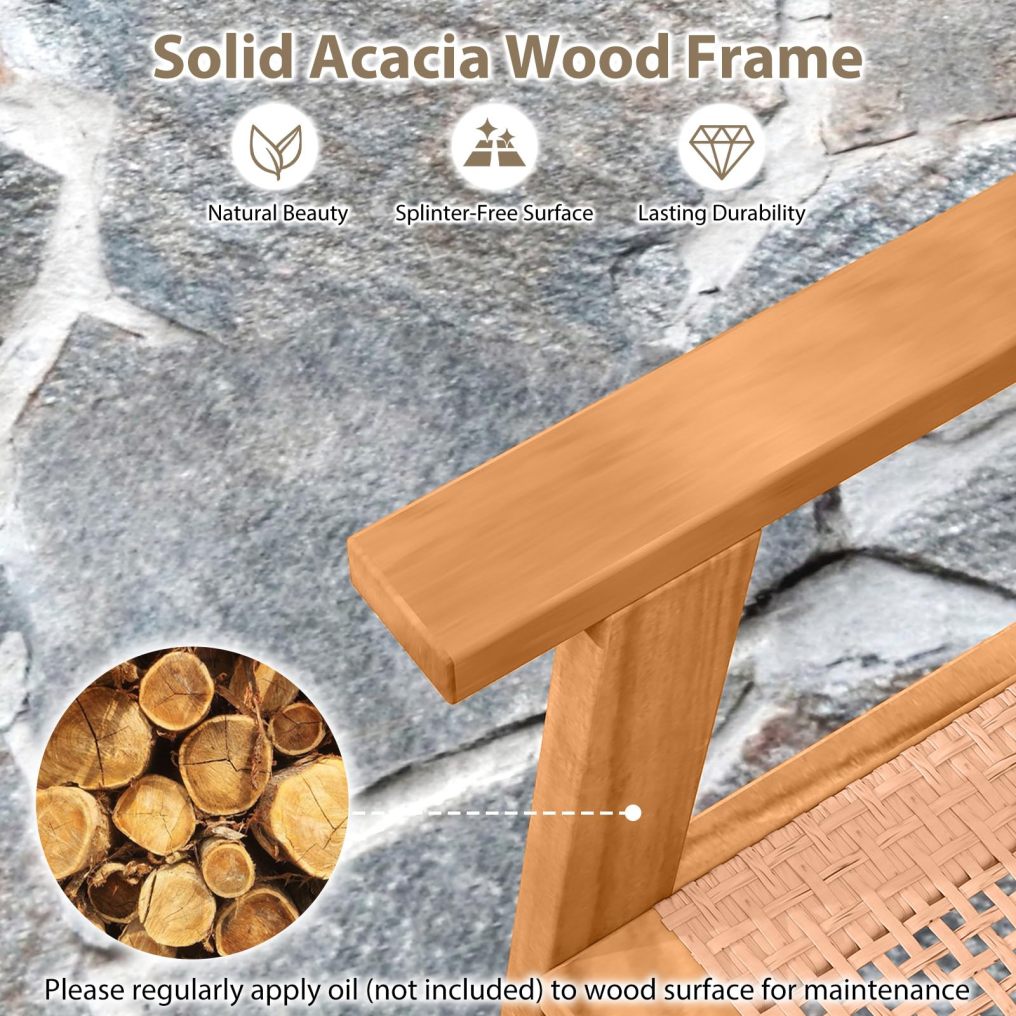 5 Pieces Acacia Wood Table and Armchairs Set with Rattan Backrest and Seat