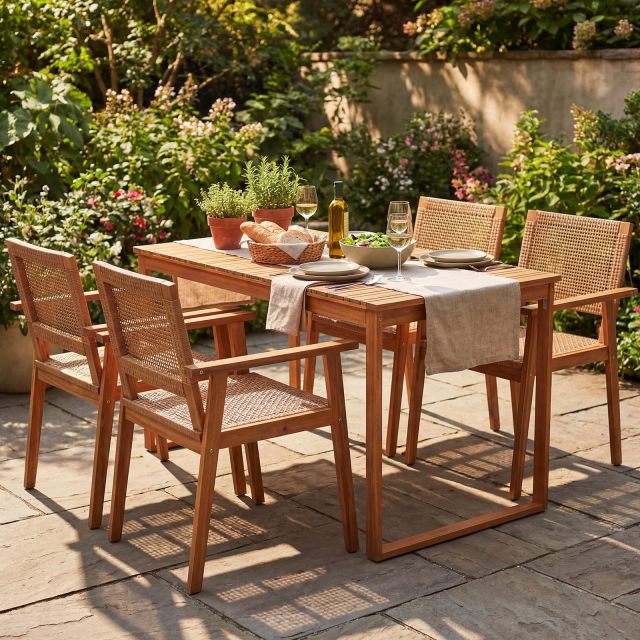 5 Pieces Acacia Wood Table and Armchairs Set with Rattan Backrest and Seat