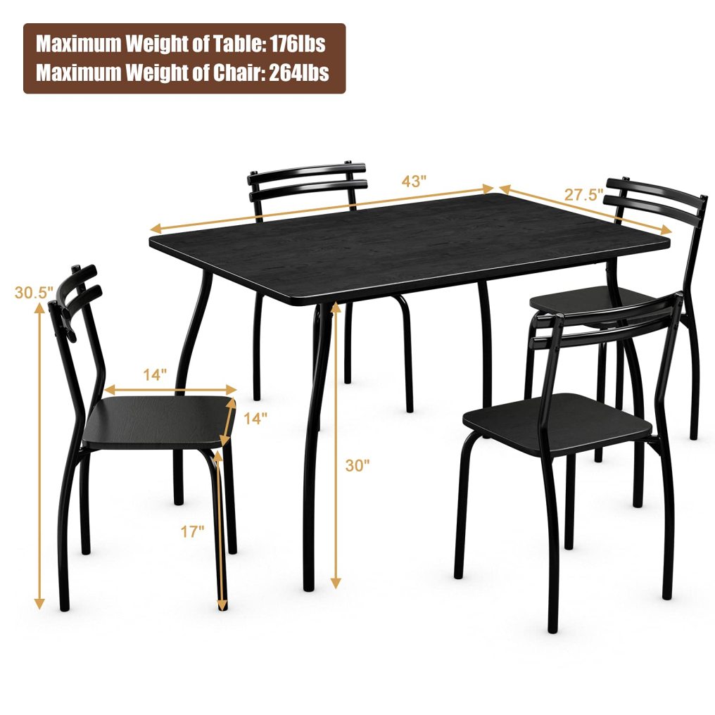 5 Piece Dining Set Table and 4 Chairs Home Kitchen Room Breakfast Furniture Black