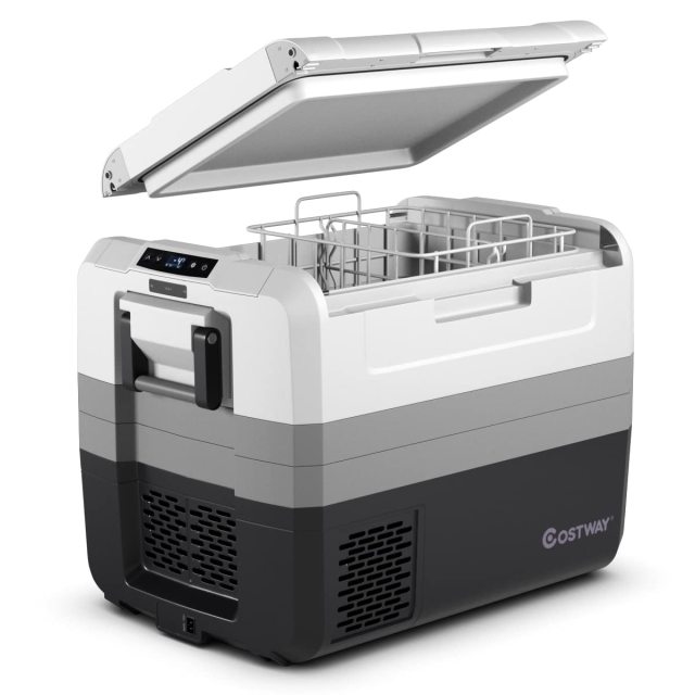 58-Quart Compressor Travel Refrigerator with Two-way Open Door for Outdoor Use