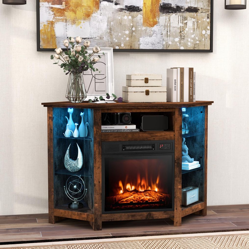 Corner Fireplace TV Stand with LED Lights for TVs up to 50”, Modern Entertainment Center with Electric Fireplace