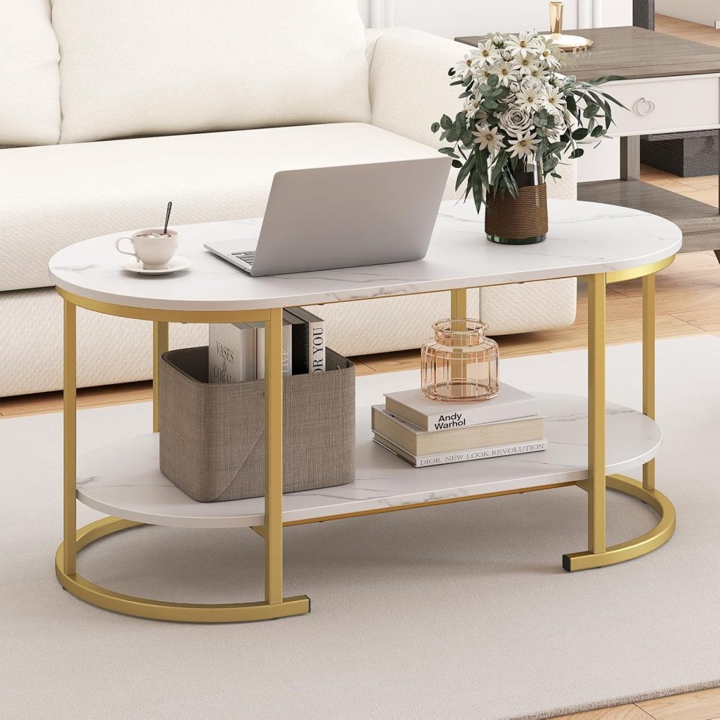 Industrial Wooden Oval Coffee Table with Storage