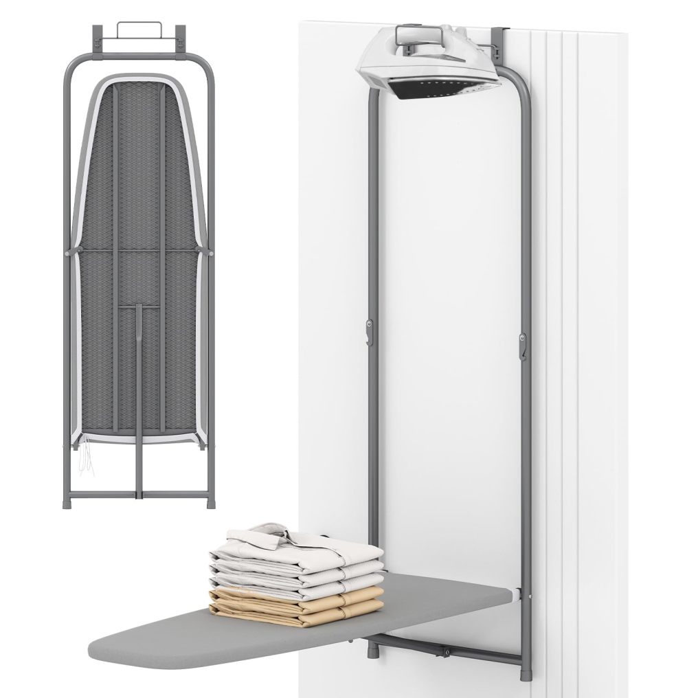 Space Saving Metal Hanging Ironing Board with Iron Holder & Cotton Cover