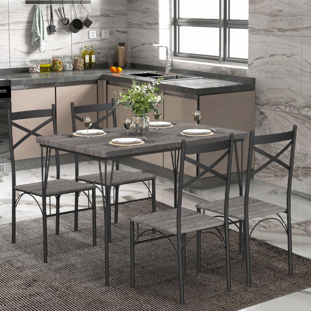 5 Piece Rectangular Kitchen Table and Chairs Set with Metal Frame for Home
