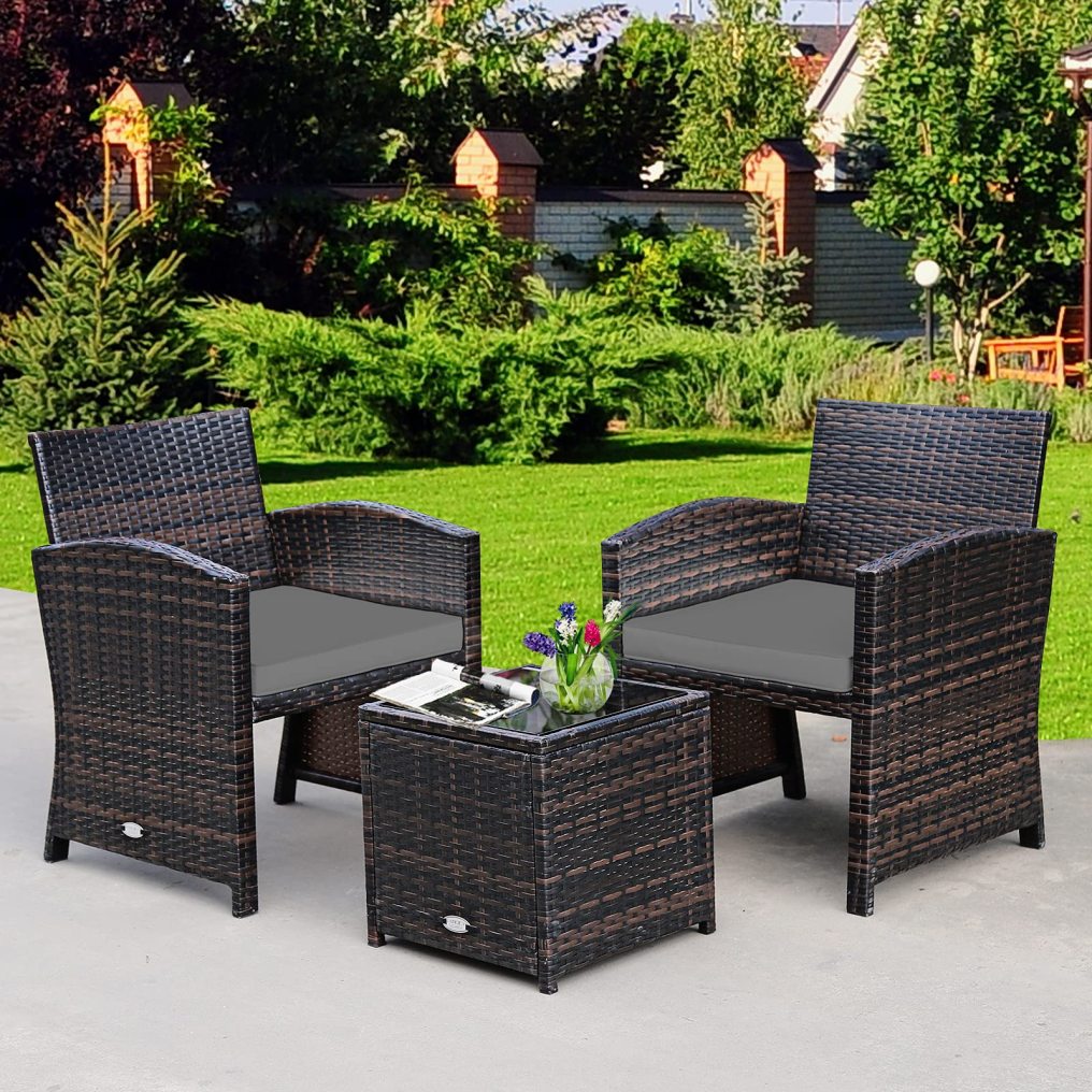 3 Pieces Patio Furniture Sets with Tempered Glass Tabletop and Soft Cushion for Backyard