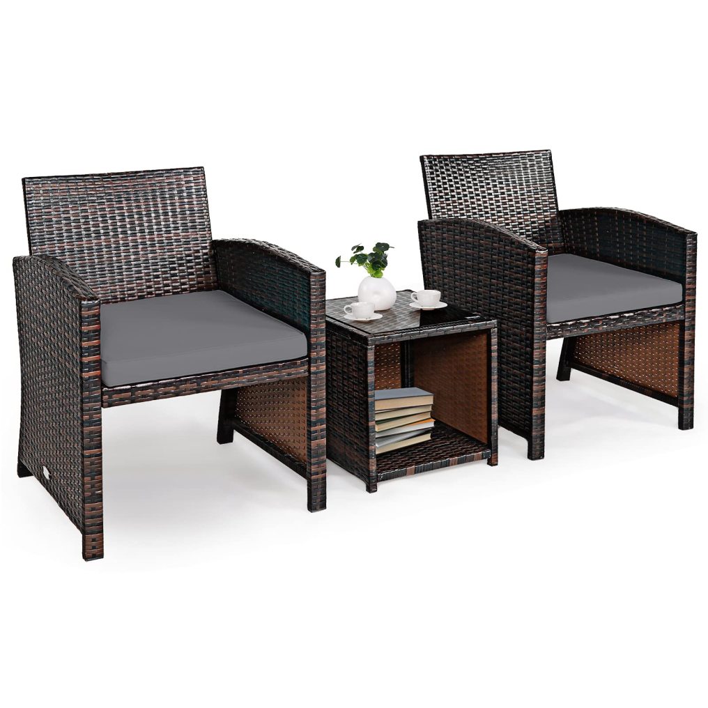 3 Pieces Patio Furniture Sets with Tempered Glass Tabletop and Soft Cushion for Backyard