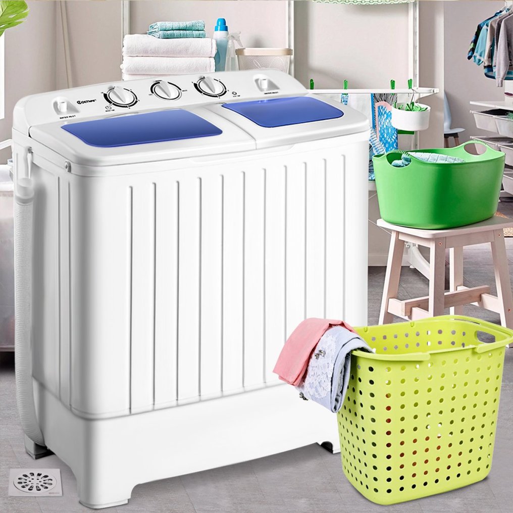 Portable Mini Compact Twin Tub Washing Machine 17.6lbs Washer Spain Spinner Portable Washing Machine, Blue+ White