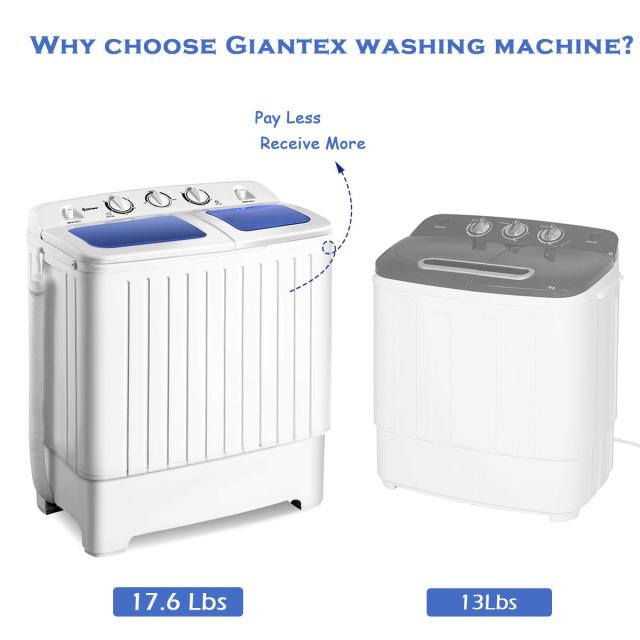 Portable Mini Compact Twin Tub Washing Machine 17.6lbs Washer Spain Spinner Portable Washing Machine, Blue+ White