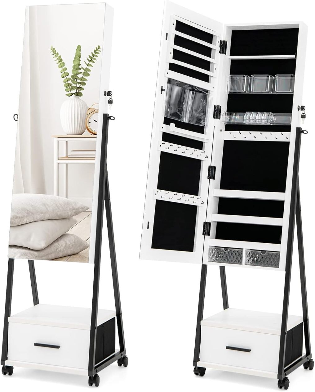 Mirror Jewelry Cabinet with Wheels Standing Full-length Mirror with Jewelry Storage
