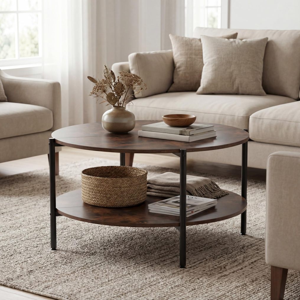 33.5-inch Wooden Round Coffee Table with Open Storage Shelf