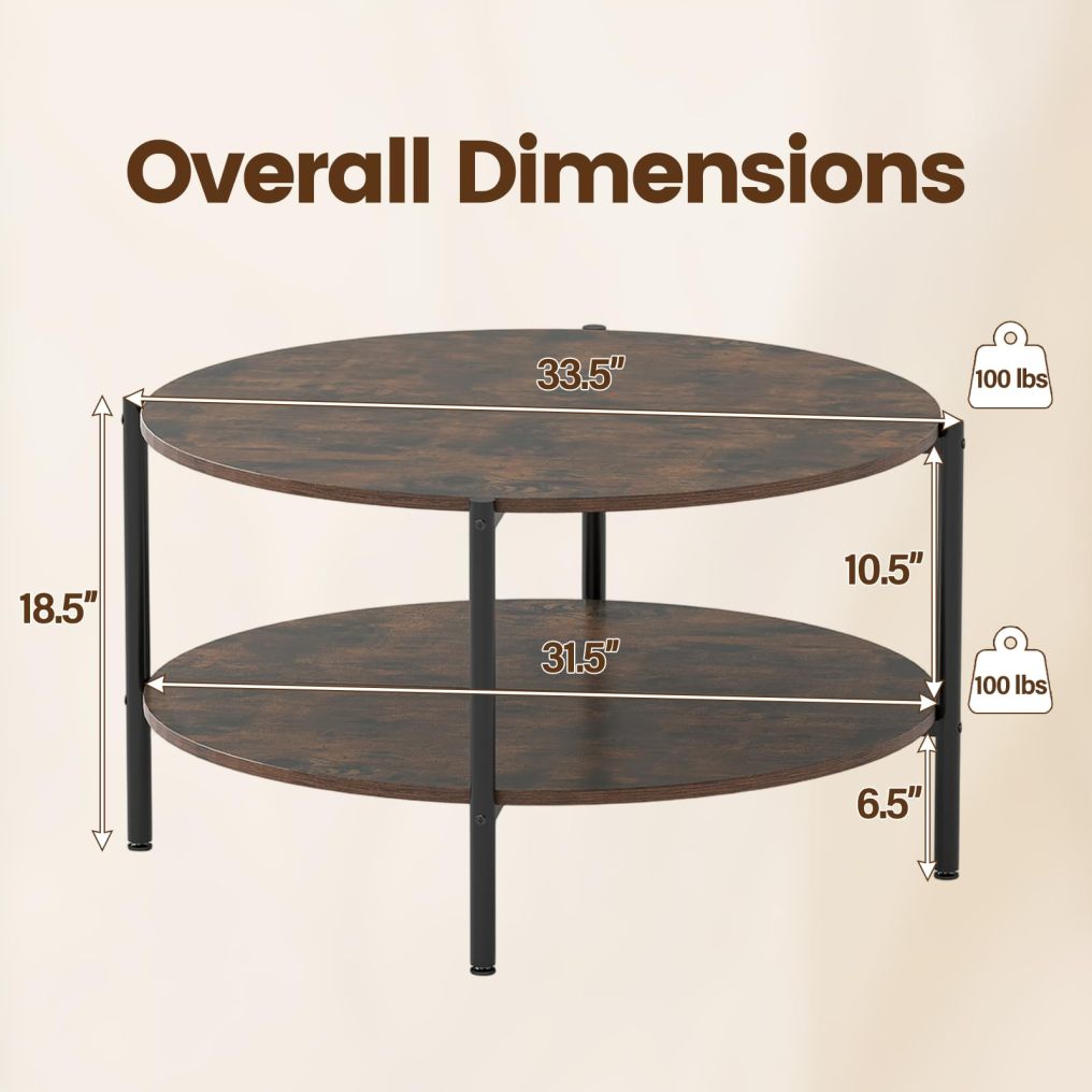 33.5-inch Wooden Round Coffee Table with Open Storage Shelf