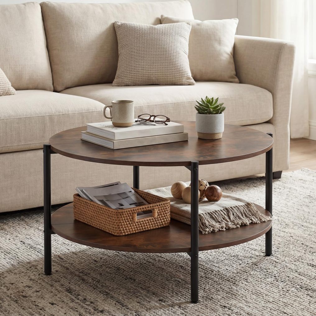33.5-inch Wooden Round Coffee Table with Open Storage Shelf