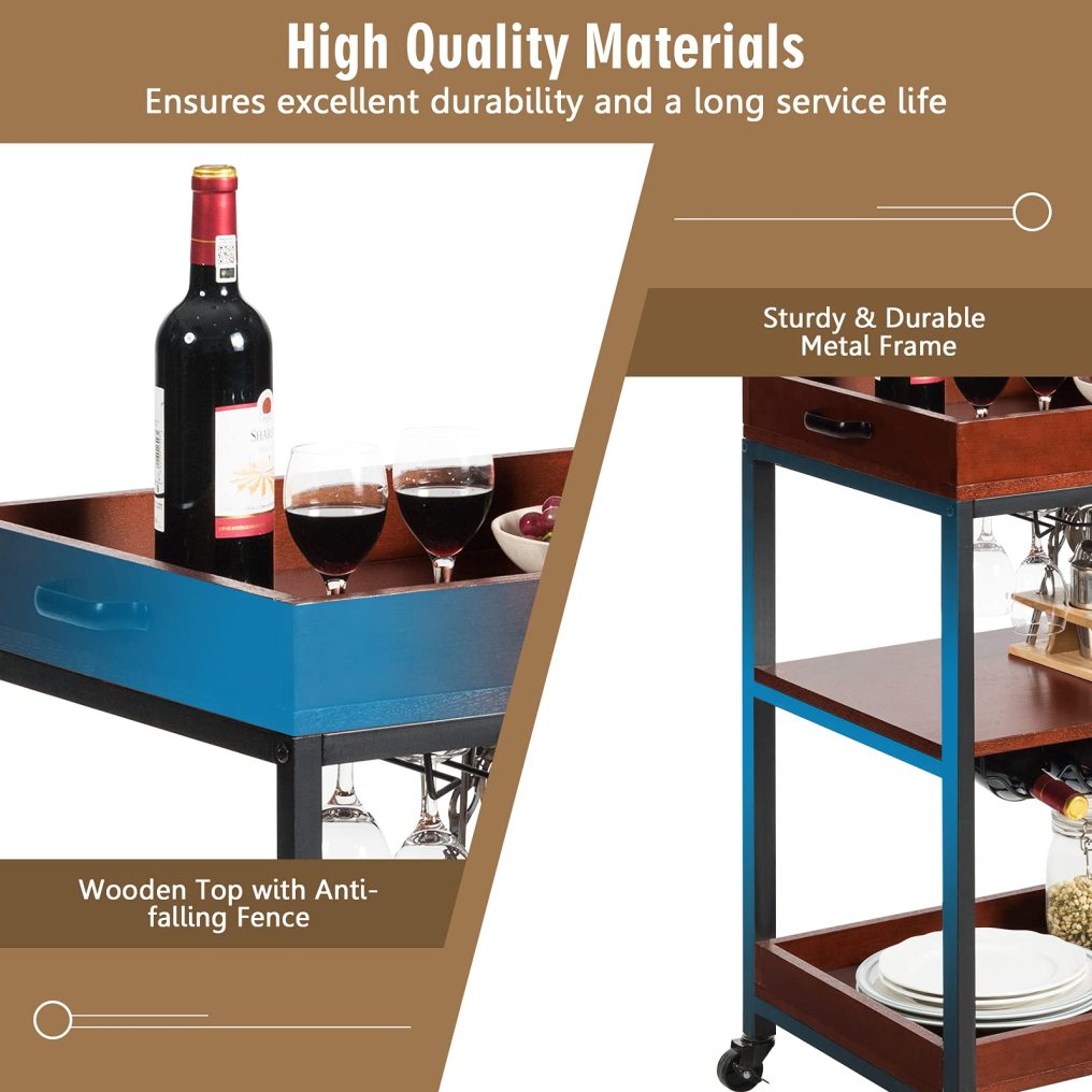 Kitchen Rolling Island Cart 3-Tier Rolling Bar Serving Cart