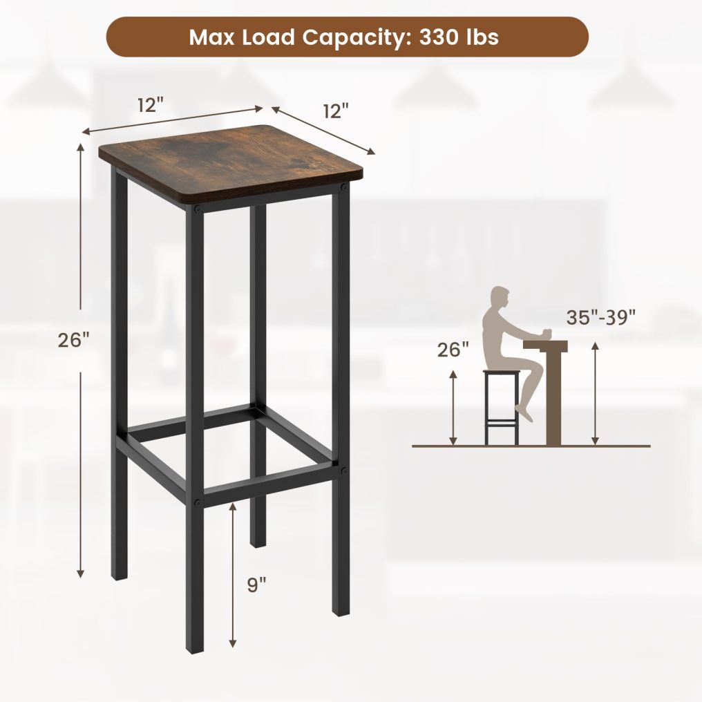 Industrial Bar Stools Set of 4 26" Backless Square Breakfast Bar Chairs
