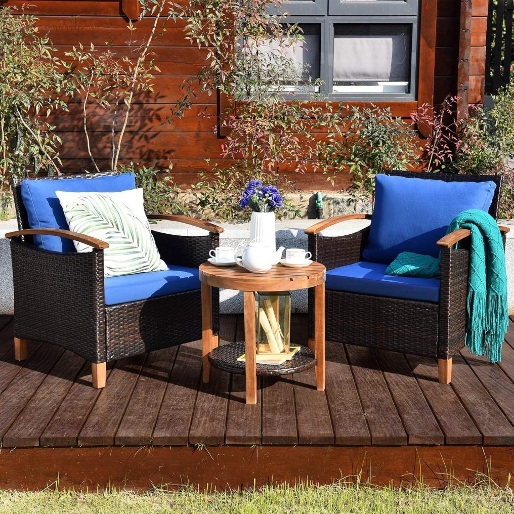 3PCS Patio Rattan Furniture Set with Round Table for Garden Porch Backyard Poolside