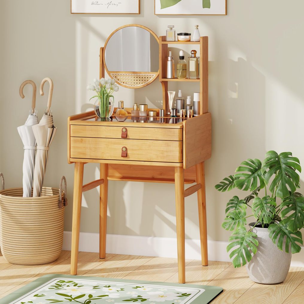 Vanity Desk with Mirror | Bamboo Makeup Vanity Set w/ 2 Drawers