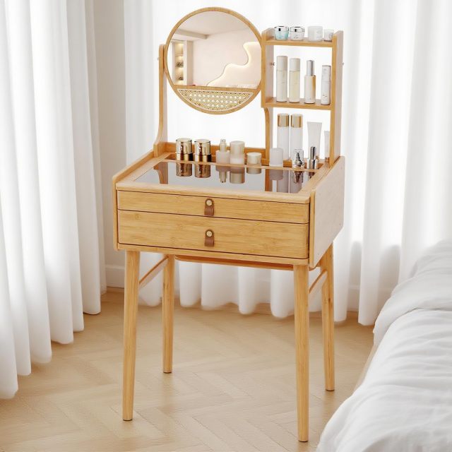 Vanity Desk with Mirror | Bamboo Makeup Vanity Set w/ 2 Drawers
