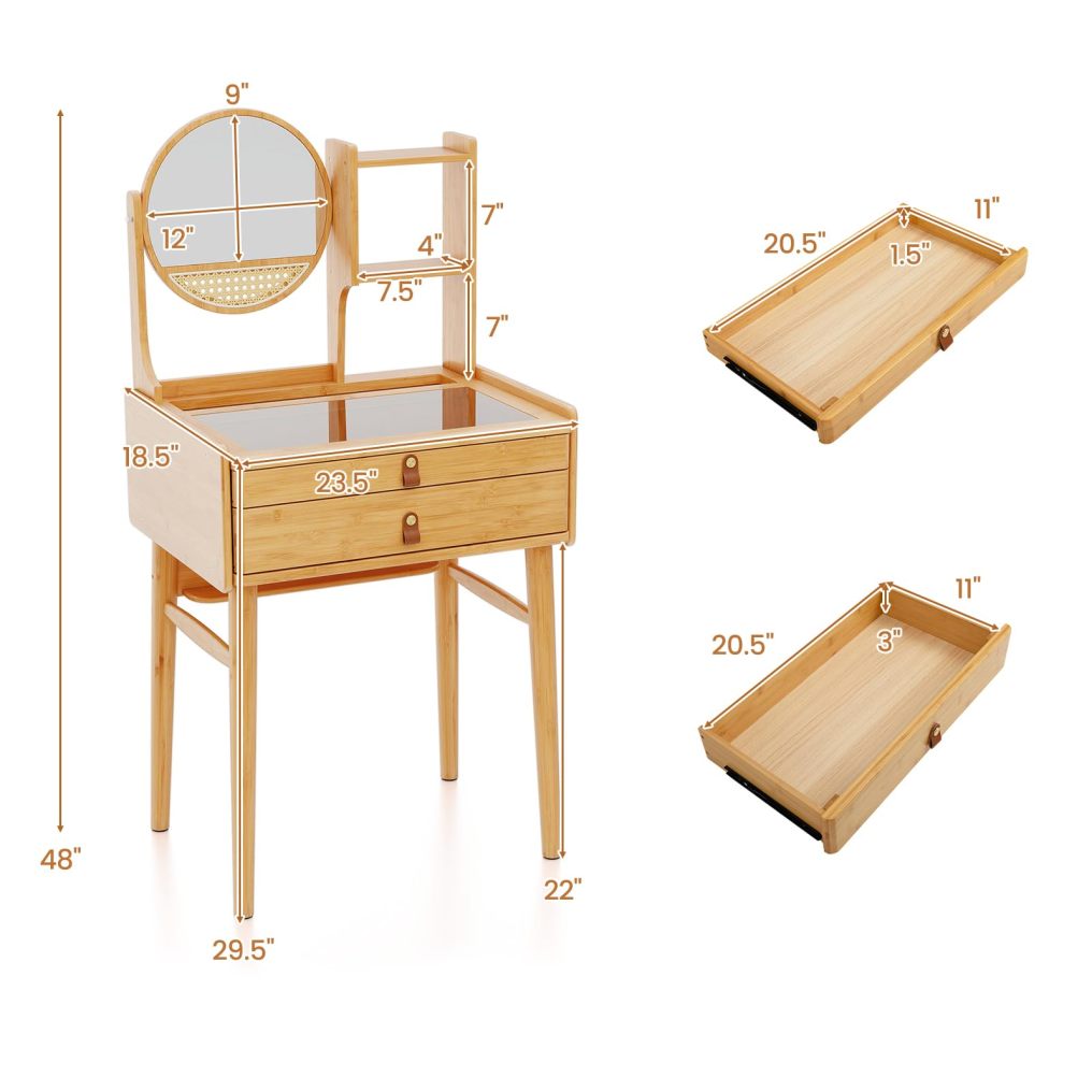 Vanity Desk with Mirror | Bamboo Makeup Vanity Set w/ 2 Drawers