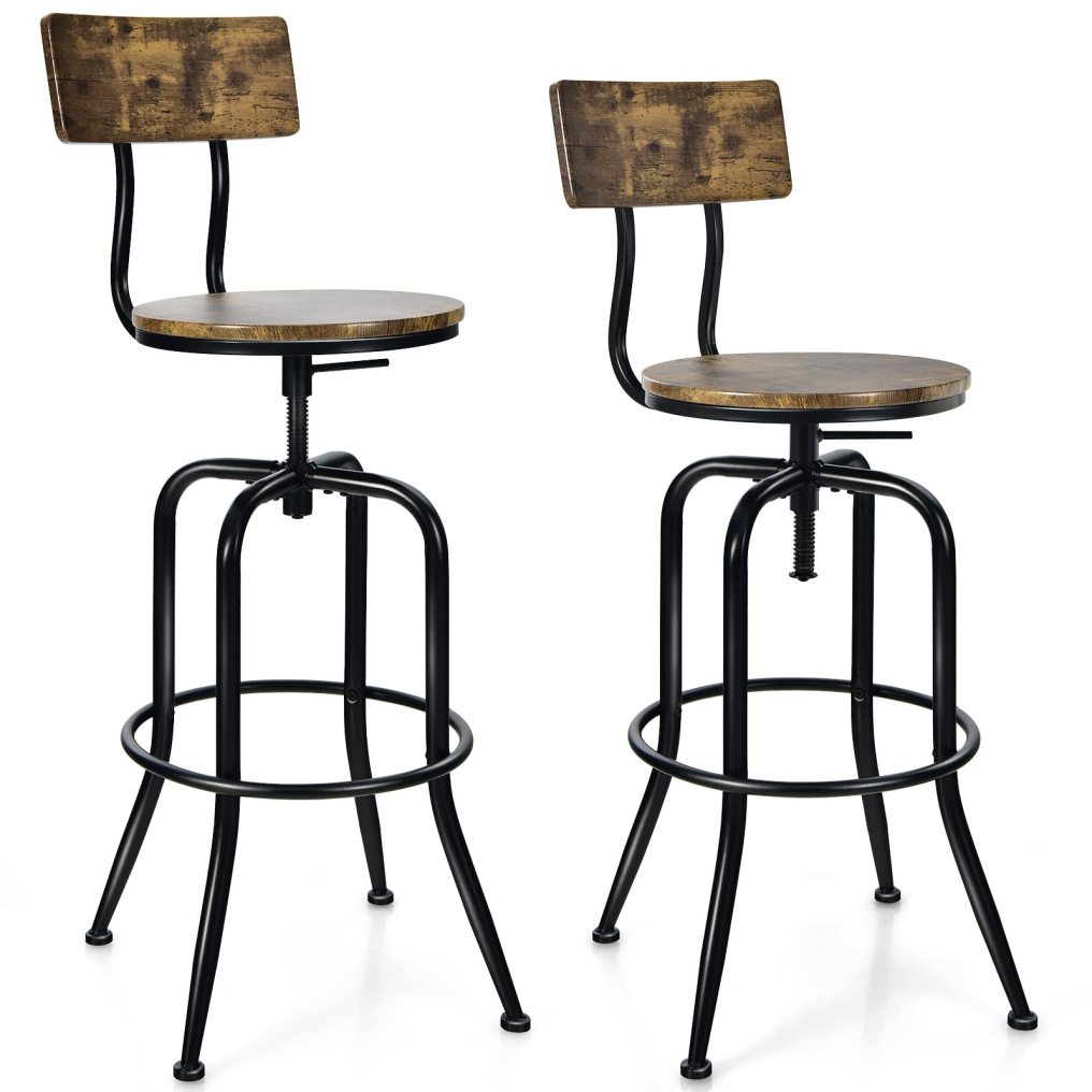 Industrial Bar Stool Set of 2 Vintage Adjustable Swivel Counter Height Kitchen Dining Chair with Arc-Shaped Backrest