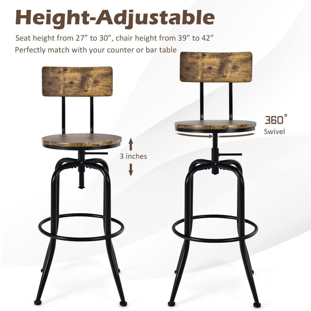 Industrial Bar Stool Set of 2 Vintage Adjustable Swivel Counter Height Kitchen Dining Chair with Arc-Shaped Backrest
