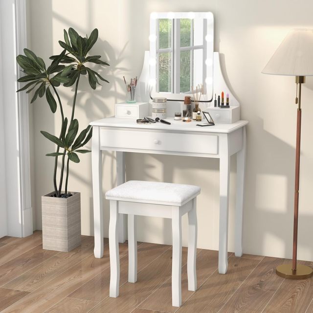Vanity Desk with Lights 2-in-1 Makeup Table Dressing Table Set with 3 Drawers