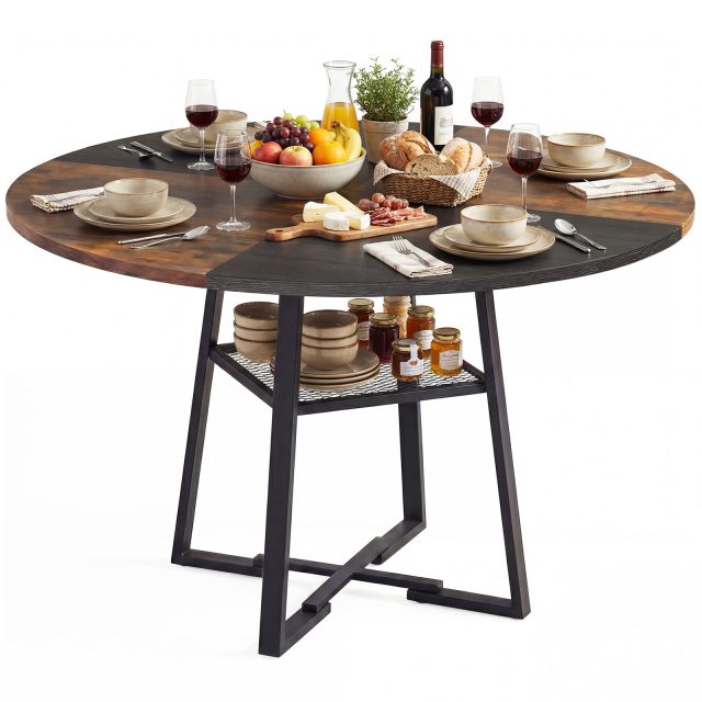 47.5" Round Dining Table for 4-6 with Storage Shelf & Metal Legs