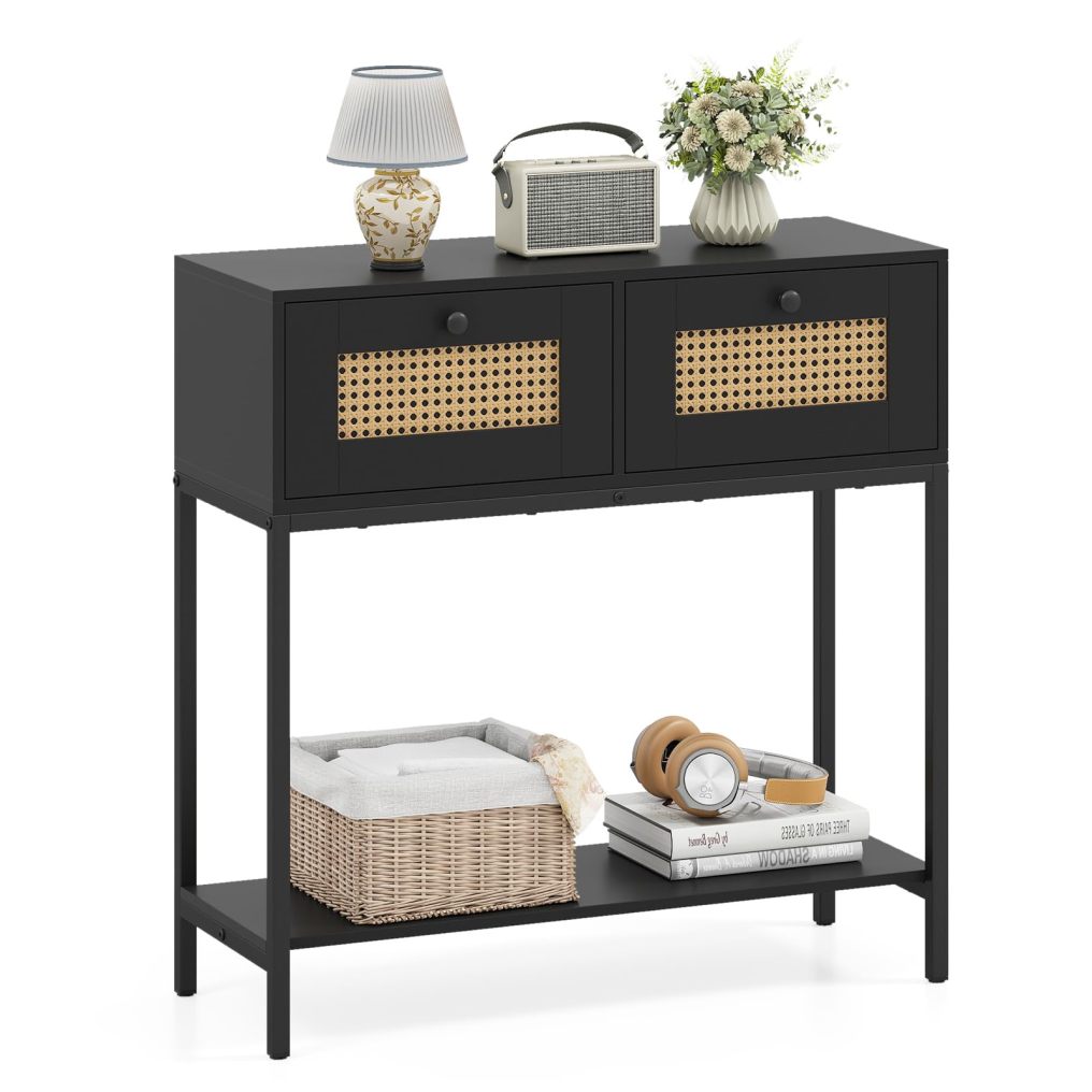Boho Narrow Sofa Table with 2 Storage Drawers and Open Shelf