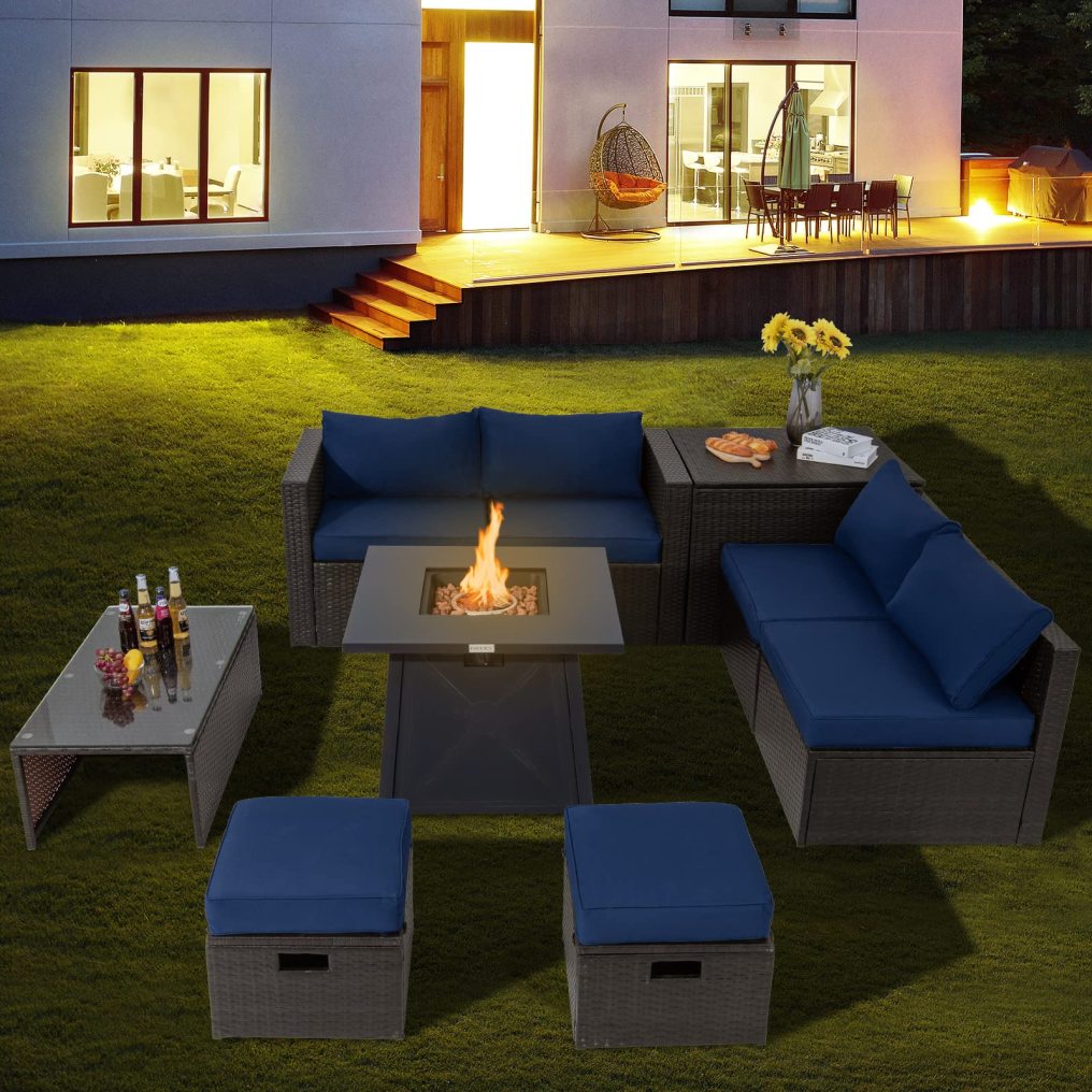 9 Piece Patio Furniture Set with 30'' Fire Pit Table for Poolside Backyard