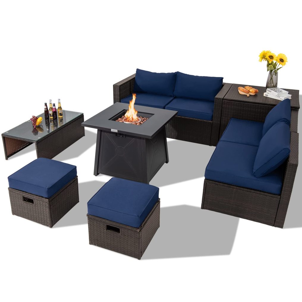 9 Piece Patio Furniture Set with 30'' Fire Pit Table for Poolside Backyard