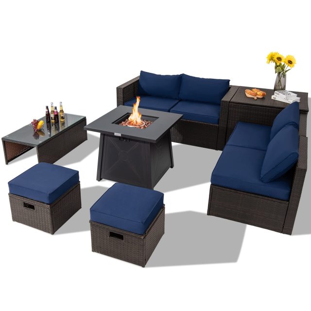 9 Piece Patio Furniture Set with 30'' Fire Pit Table for Poolside Backyard