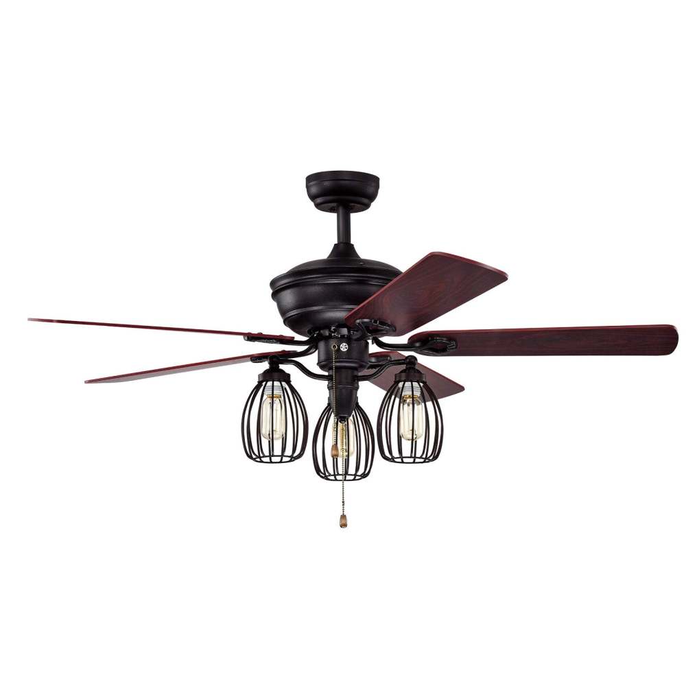 52-Inch Ceiling Fan with Lights, Industrial Ceiling Fan w/ 5 Iron Blades & 3 Cage Lights