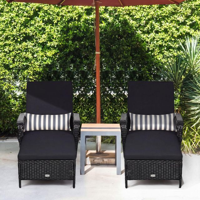 PE Rattan Chaise Lounge Chair | 6 Gear Adjustable Recliner with Armrest & Pillow