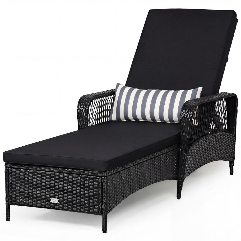 PE Rattan Chaise Lounge Chair | 6 Gear Adjustable Recliner with Armrest & Pillow