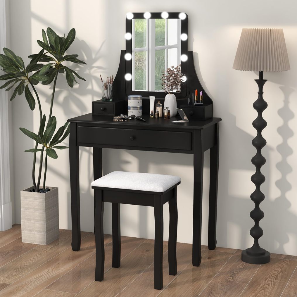 Vanity Desk with Lights 2-in-1 Makeup Table Dressing Table Set with 3 Drawers